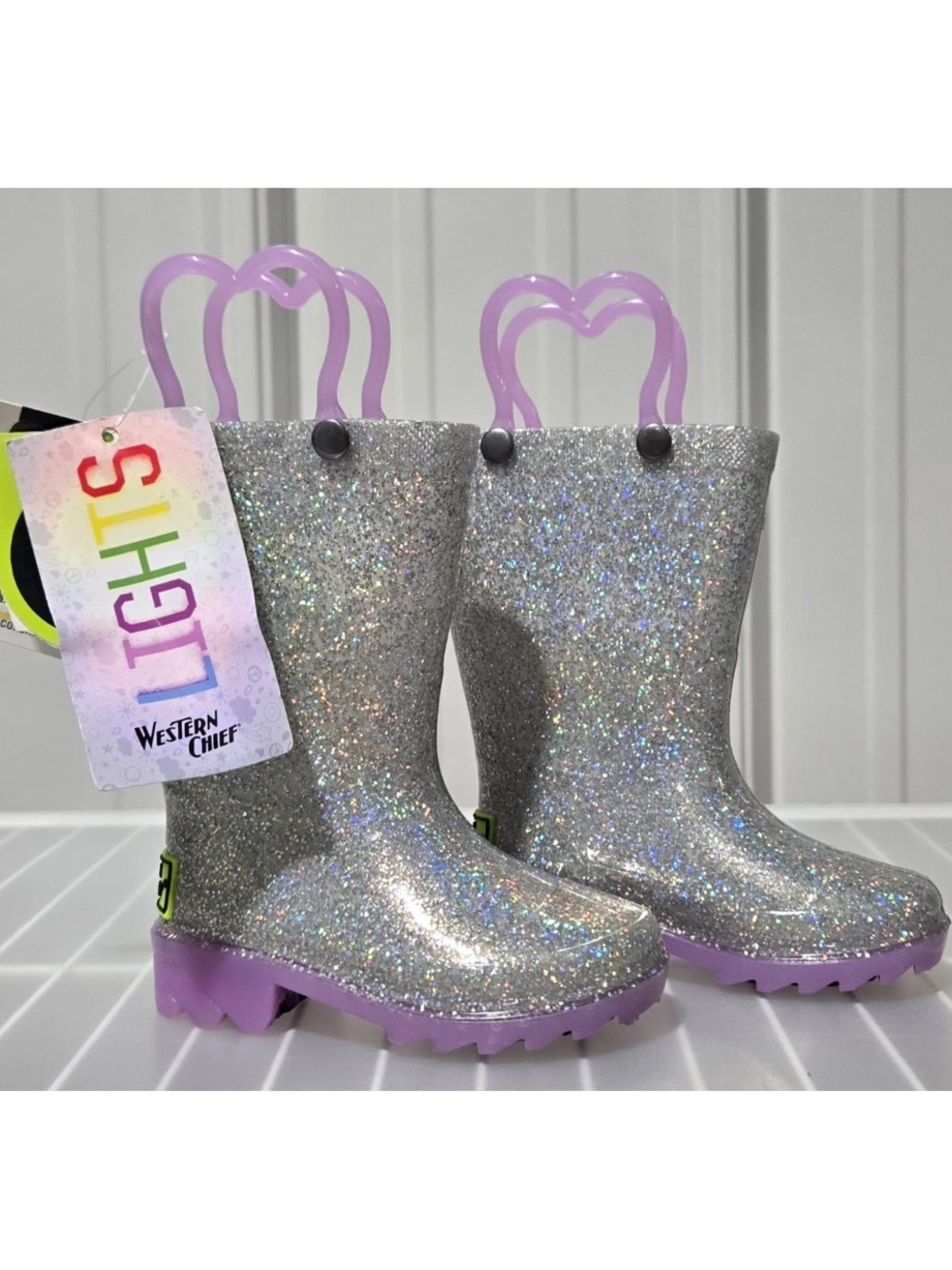 Kids Western Chiefs Addy Glitter Purple  Silver Light Up Rain Boots -